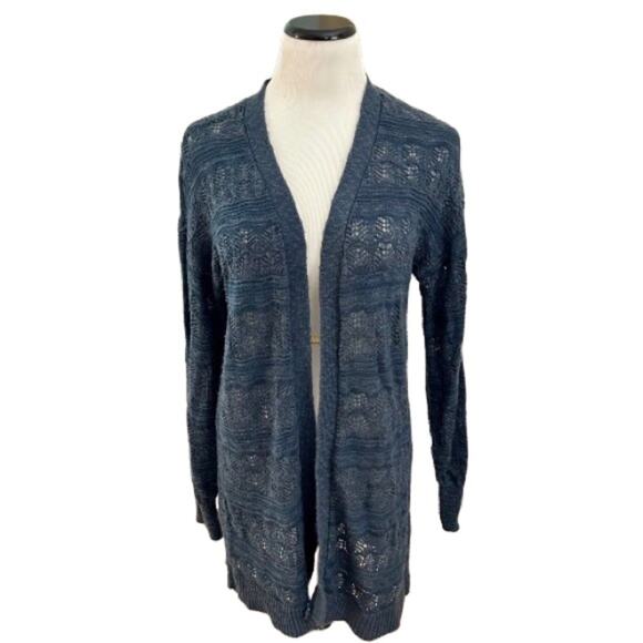 LC Lauren Conrad Pointelle Open-Front Long Cardigan in Deep Sapphire. Size M. - Picture 2 of 9